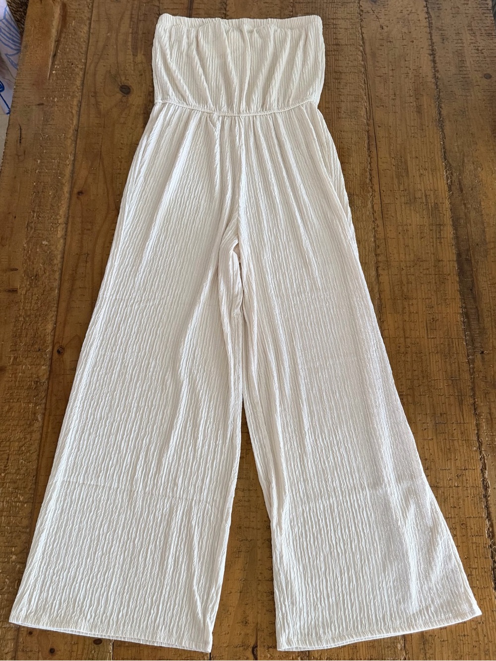 Active USA Crinkle-Knit Strapless Wide-Leg Jumpsuit in Ivory